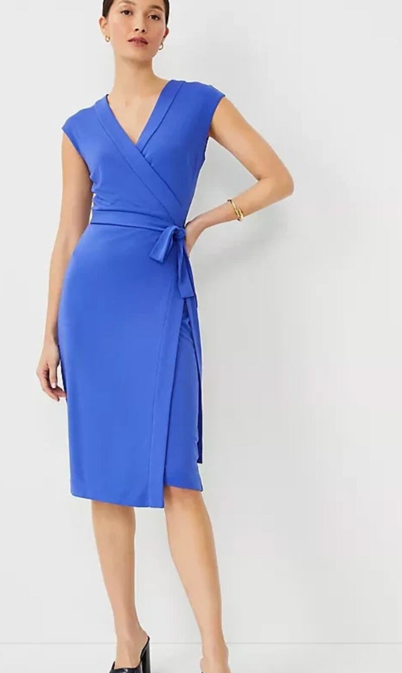 Ann Taylor Blue Jersey Wrap Dress Midi Length XL